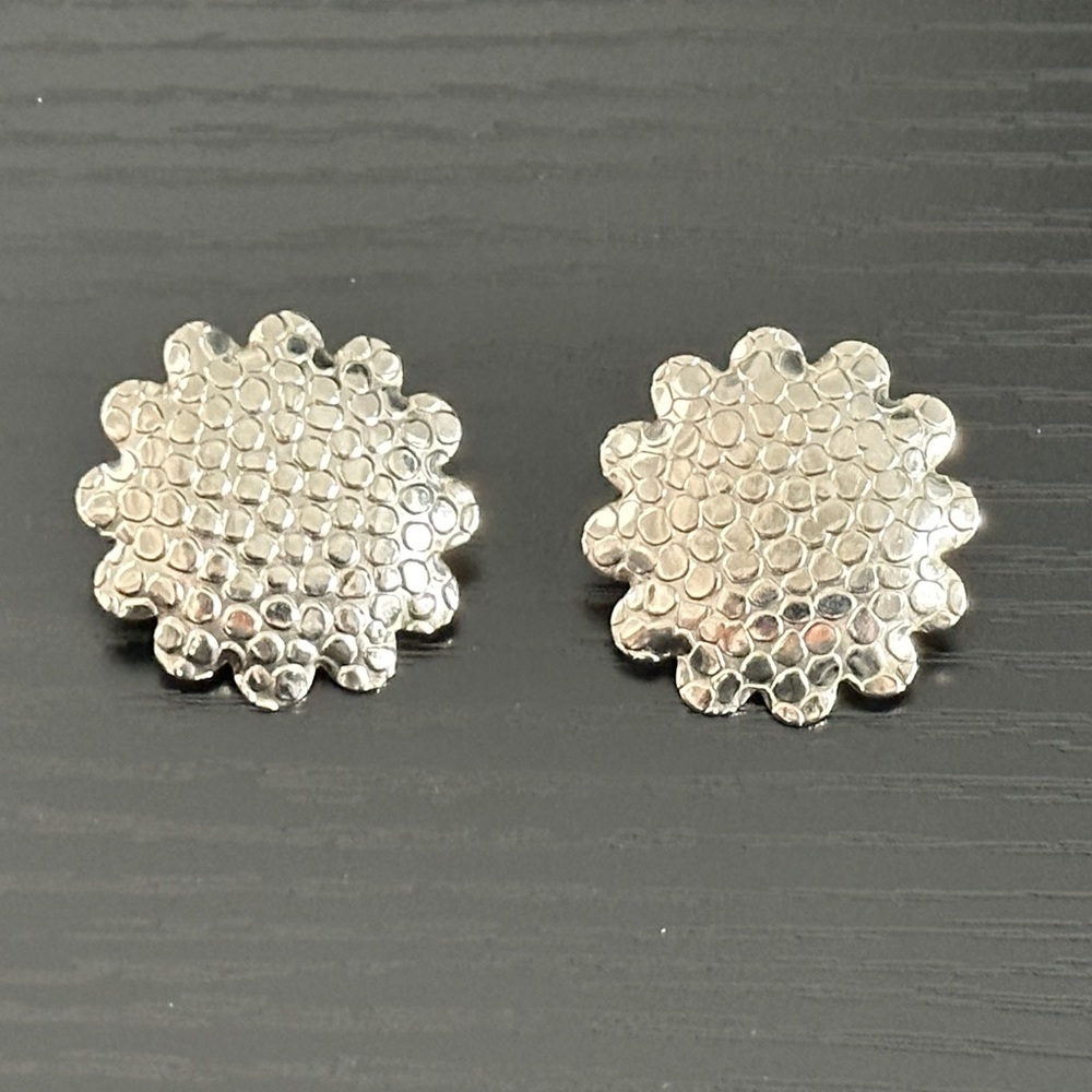 Vintage Silver Tone Textured Metal Flower Pierced Earrings